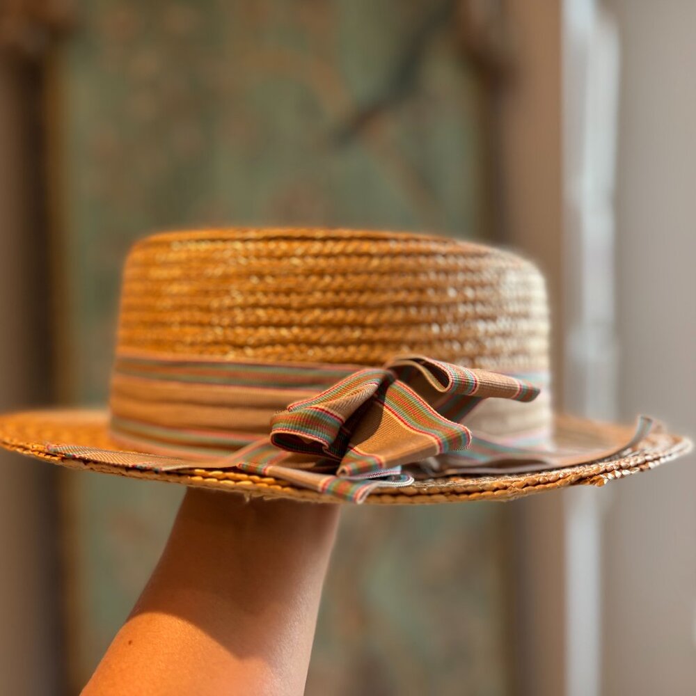 Straw Boating Hat with Ribbon